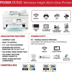 Color Printers<Canon PIXMA TR7820 Inkjet Printer, All-in-One, Print, Scan, Copy (6258C002)