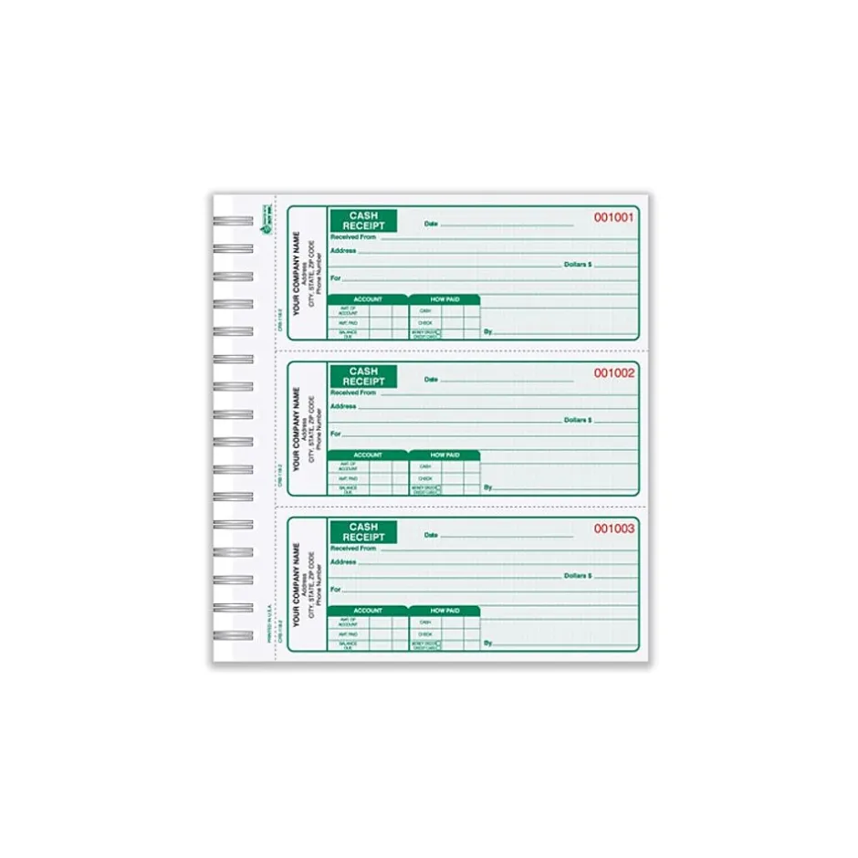 New Cash Receipt Books, 3-to-a-page, Duplicate, 225 Sets/Book, Green Accounting & Record Journals