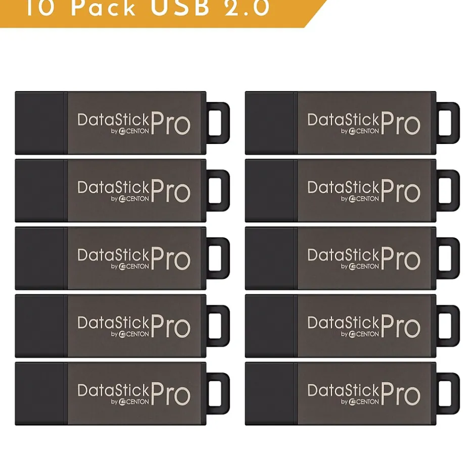 Centon DataStick Pro 2GB USB 2.0 Type A Flash Drive, Gray, 10/Pack (DSP2GB10PK)* Usb Flash Drives