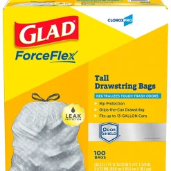 Glad CloroxPro ForceFlex 13 Gallon Tall Kitchen Trash Bag, 23.75" x 24.88", Low Density, .72 mil, Gray, 100/Box (70427)