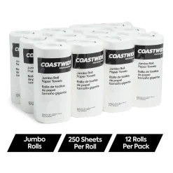 Paper Towels<Coastwide Professional Jumbo Kitchen Rolls Paper Towel, 2-Ply, White, 250 Sheets/Roll, 12 Rolls/Carton (CW21806)