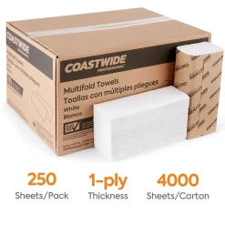 Paper Towels<Coastwide Professional ™ Recycled Multifold Paper Towels, 1-ply, 250 Sheets/Pack, 16 Packs/Carton (CW25384)