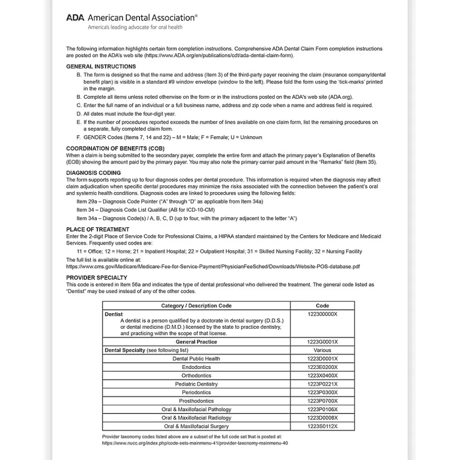 Clearance 2024 ADA Dental Claim Forms, 500 Forms/Pack (20241500) Medical Forms