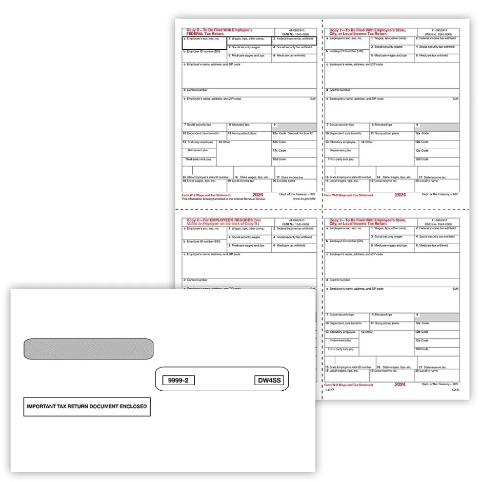 Sale 2024 W-2 Tax Form Envelopes/Recipient Copy Only, 1-Part, 4-Up, Copy B, C, 2 and 2 combined, 25/Pack (5205E25) Tax Forms