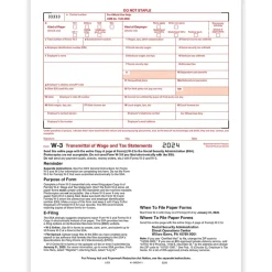 2024 W-3 Tax Form, 1-Part, Transmittal, 25/Pack (520025) Tax Forms