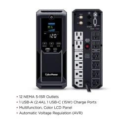 Battery Backup<CyberPower Intelligent LCD UPS System, 1500VA/900W, 12 Outlets, 2 USB Ports, AVR, Mini Tower, Black (CP1500AVRLCD3)