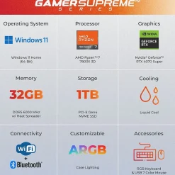 CyberPowerPC Gamer Supreme Gaming Desktop Computer, AMD Ryzen 7 7800X3D, 32GB Memory, 1TB SSD (SLC11000CPG)* Gaming Desktops