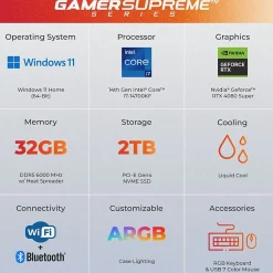 CyberPowerPC Gamer Supreme Gaming Desktop Computer, Intel Core i7-14700KF, 32GB Memory, 2TB SSD (SLC10760CPGV5)* Gaming Desktops