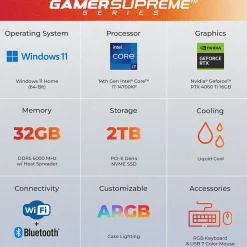 CyberPowerPC Gamer Supreme Gaming Desktop Computer, Intel Core i7-14700KF, 32GB Memory, 2TB SSD (SLC8960CPGV10)* Gaming Desktops