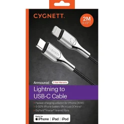 Cygnett Armored Lightning to USB-C Charge and Sync Cable, 6', Black (CY2801PCCCL)