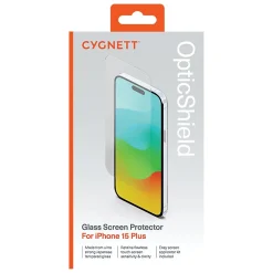 Cell Phone Screen Protectors<Cygnett OpticShield Tempered Glass Screen Protector for iPhone 15 Plus, (CY4600CPTGL)