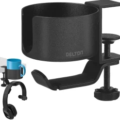 Delton H22 Under Desk Cup Holder and Desk Hook for Headphones, Black (DHSCH22)* Headsets
