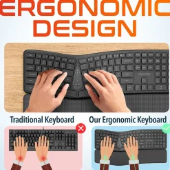 Delton KB250 Ergonomic Wireless Curved Keyboard with Cushioned Wrist Rest, Black (DKBE250-WR)* Ergonomic Keyboards