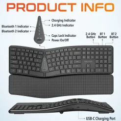Delton KB250 Ergonomic Wireless Curved Keyboard with Cushioned Wrist Rest, Black (DKBE250-WR)* Ergonomic Keyboards