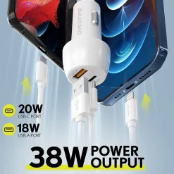 Delton Overtime USB-C/USB Wall & Car Chargers with Apple MFi Certified Cable for iPhone/iPad, White (CE14542A)