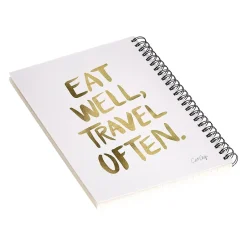 DENY Designs Eat Well Travel Often Gold by Cat Coquillette Notebook, 5.5" x 8.25", Dotted Ruled, 40 Sheets, White Hot