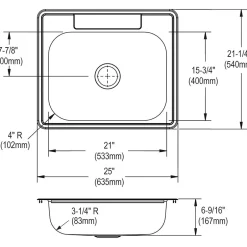 Sinks<Elkay Dayton Stainless Steel 25" x 21-1/4" x 6-9/16", Single Bowl Top Mount Sink, Satin (D125213)