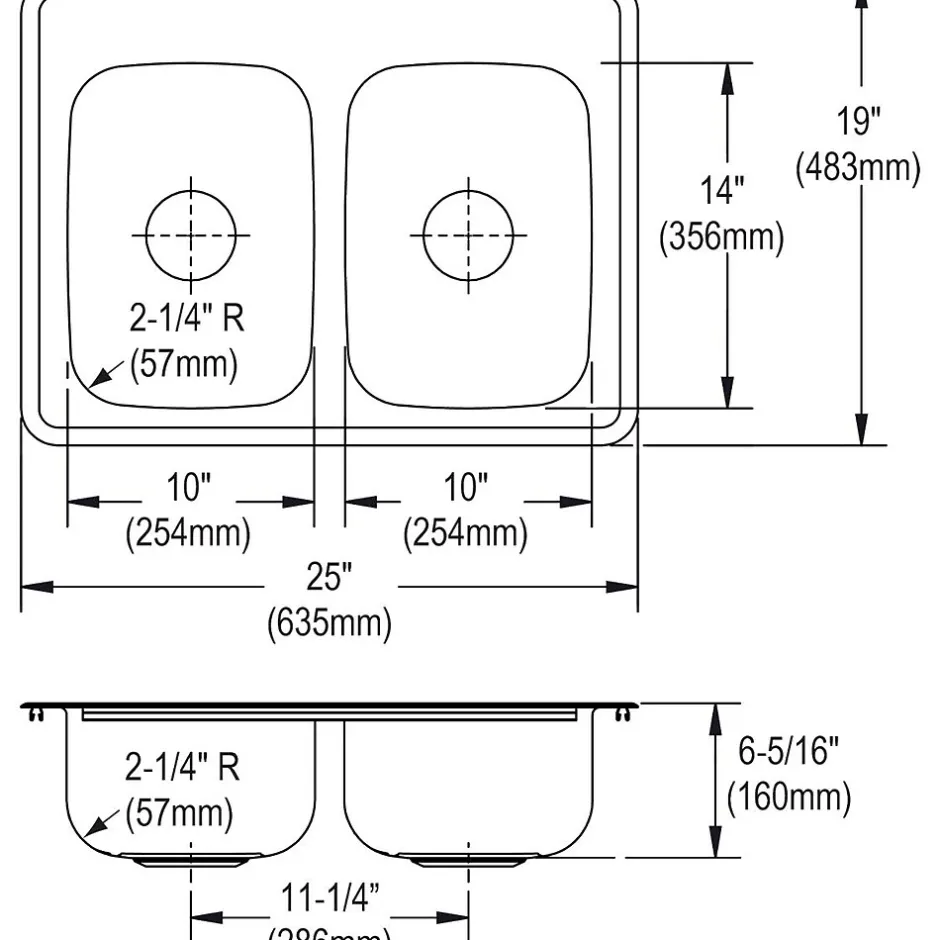 Sinks<Elkay Dayton Stainless Steel 25" x 19" x 6-5/16", Equal Double Bowl Top Mount Sink (D225193)
