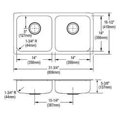 Sinks<Elkay Lustertone Classic Double-Bowl Undermount Sink, 16.5" x 31.75" x 5.38", Stainless Steel, Lustrous Satin (ELUHAD321655)
