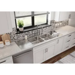 Sinks<Elkay Lustertone Classic 4-Hole Double-Bowl Drop-in Sink with Drainboard, 22" x 66" x 7.63", Stainless Steel, Lustrous Satin