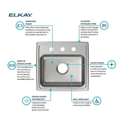 Sinks<Elkay Lustertone Classic 3-Hole Single-Bowl Drop In Sink, 5.5" x 19" x 18", Stainless Steel, Lustrous Satin (LRAD1918553)