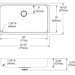 Sinks<Elkay Lustertone Stainless Steel 30-1/2" x 18-1/2" x 5-3/8", Single Bowl Undermount ADA Sink with Perfect Drain (ELUHAD281655PD)