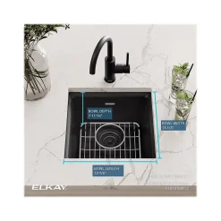 Sinks<Elkay Quartz Classic Single-Bowl Drop In/Undermount Kitchen Sink, 15.75" x 15.75" x 7.69", Quartz, Black (ELG1616BK0C)