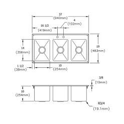 Sinks<Elkay Triple-Bowl Drop-In Kitchen Sink, 19" x 37" x 10", Stainless Steel, Silver (DI-3C-101410X)