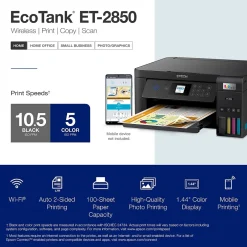 Color Printers<Epson EcoTank ET-2850 ET-2850-B Wireless Color Inkjet Printer, All-In-One Supertank, Print, Scan, Copy (9472540) Black