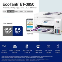 Instant Photo Printers<Epson EcoTank ET-3850 Wireless Color All-in-One Cartridge-Free Supertank Printer, White (Refurbished)