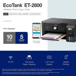 Color Printers<Epson EcoTank ET-2800-B Wireless Color Inkjet Printer, All-In-One Supertank, Print, Scan, Copy (9472532) Black