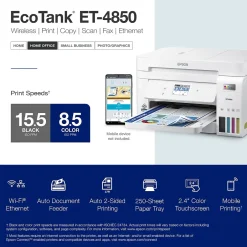Color Printers<Epson EcoTank ET-4850-W Wireless Color Inkjet Printer, All-In-One Supertank, Print, Scan, Copy, Fax (9472545) White
