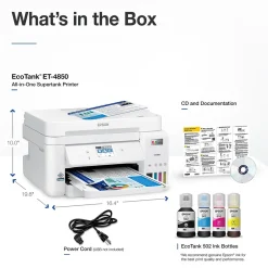 Color Printers<Epson EcoTank ET-4850-W Wireless Color Inkjet Printer, All-In-One Supertank, Print, Scan, Copy, Fax (9472545) White