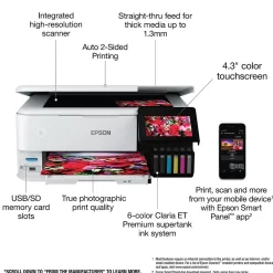 Color Printers<Epson EcoTank Photo ET-8500 Wireless Color Inkjet Printer, All-In-One Supertank, Print, Scan, Copy (9472523)