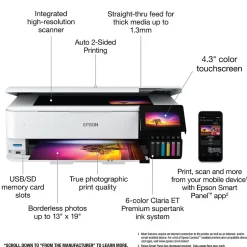 Color Printers<Epson EcoTank Photo ET-8550 Wireless Color Inkjet Printer, All-In-One Supertank, Print, Scan, Copy (9472524)