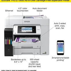 Color Printers<Epson EcoTank Pro 5850 Wireless Color Inkjet Printer, All-In-One Supertank, Print, Scan, Copy, Fax (9472509)