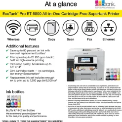Color Printers<Epson EcoTank Pro ET-5800 Wireless Color Inkjet Printer, All-In-One Supertank, Print, Scan, Copy, Fax (9472508)