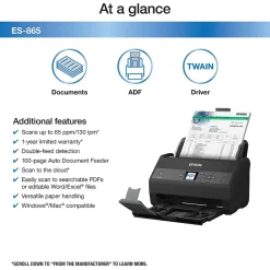 Portable Scanners<Epson ES-865 High-Speed Duplex Desktop Document Scanner (B11B250202)