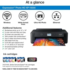 Color Printers<Epson Expression Photo XP-15000 Wireless Color Inkjet Printer, Single-Function, Print (9472517)