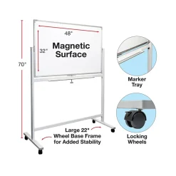 Online Dry-Erase Mobile Whiteboard, Aluminum Frame, 48