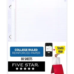 Five Star Reinforced College Ruled Filler Paper, 8.5" x 11", 3-Hole Punched, 80 Sheets/Pack (170102/170035) Best