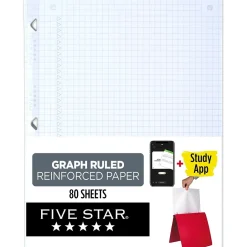 Five Star Reinforced Graph Paper, 8.5" x 11", 3-Hole Punched, 80 Sheets/Pack (170122/170036) Clearance