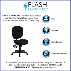 Online Caroline Armless Ergonomic Fabric Swivel Mid-Back Multifunction Task Office Chair, Black (GO930FBK) Office Chairs