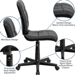 Discount Clayton Armless Vinyl Swivel Mid-Back Quilted Task Office Chair, Black (GO16911BK) Office Chairs