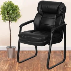 Discount Leather Mid Back Executive Side Chair With Sled Base, Black Office Chairs