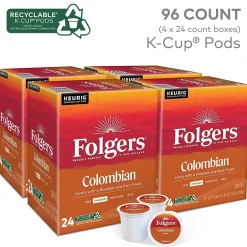 Keurig K-Cups<Folgers 100% Colombian Coffee, Keurig K-Cup Pod, Medium Roast, 24/Box, 4 Boxes/Carton (6659CT)