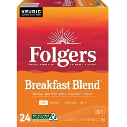 Keurig K-Cups<Folgers Breakfast Blend Coffee, Light Roast, 0.24 oz. Keurig® K-Cup® Pods, 24/Box (000370677/6684)