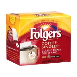 Coffee<Folgers Coffee Singles Classic Roast Bags, Medium Roast, 19/Box (29764)