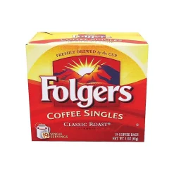 Coffee<Folgers Coffee Singles Classic Roast Bags, Medium Roast, 19/Box (29764)