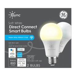 Smart Bulbs<GE Cync Wi-Fi 60W Equivalent A19 LED Smart Light Bulb, Soft White, 2/Pack (93128963)